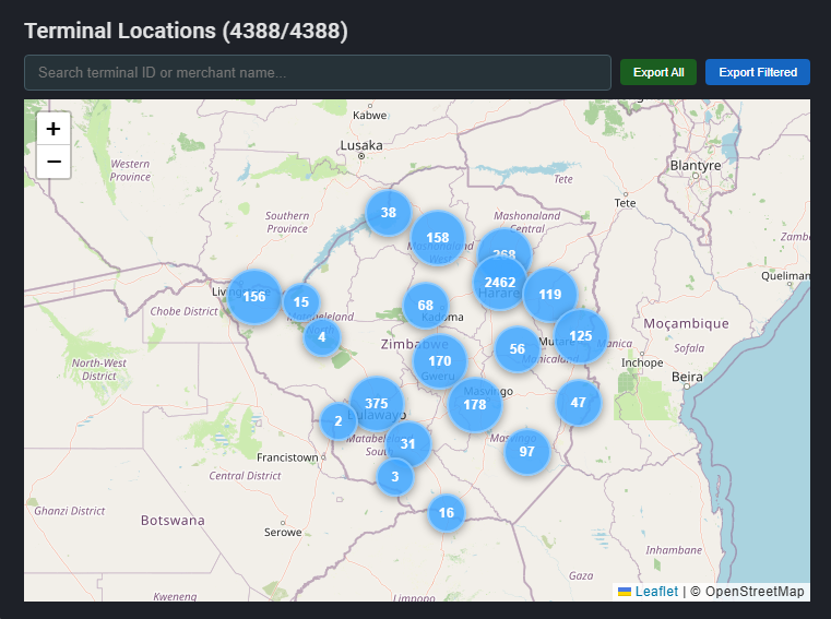 Map of Zimbabwe showing 4388 AMPAS terminal locations clustered by region
