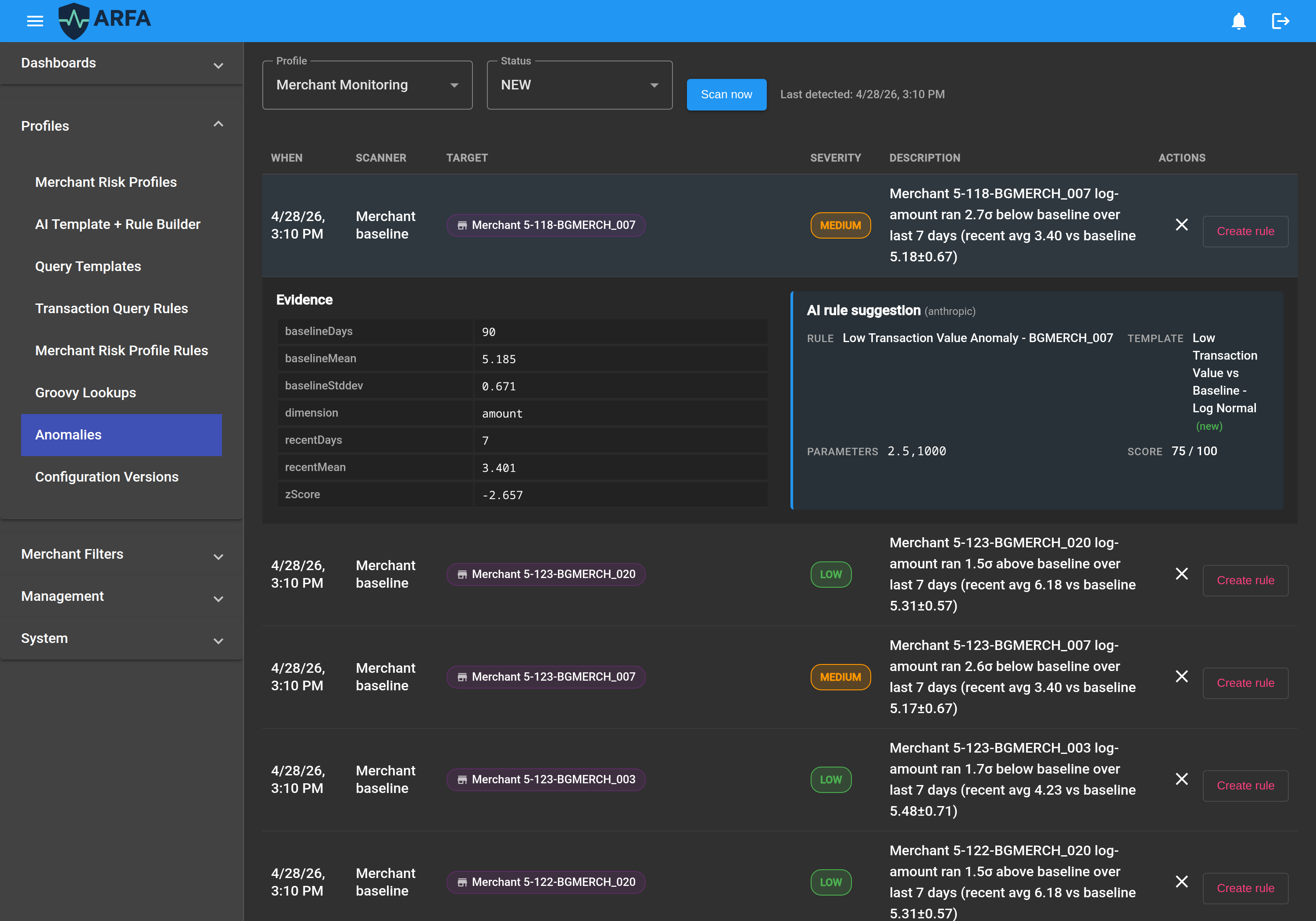 ARFA anomaly detection — flagged merchant anomalies with severity, evidence and AI rule suggestions