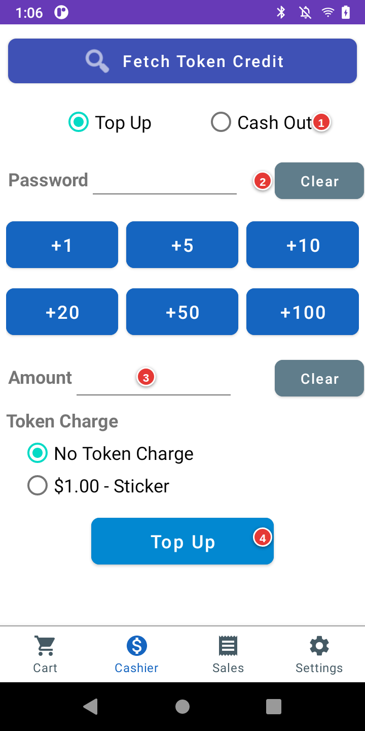 Cashier tab with numbered callouts