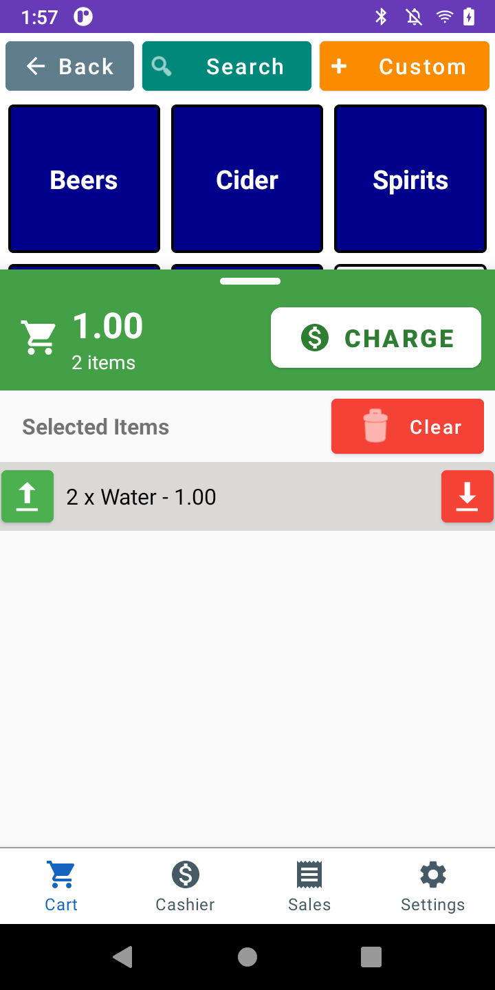 Cart strip expanded showing the selected items
