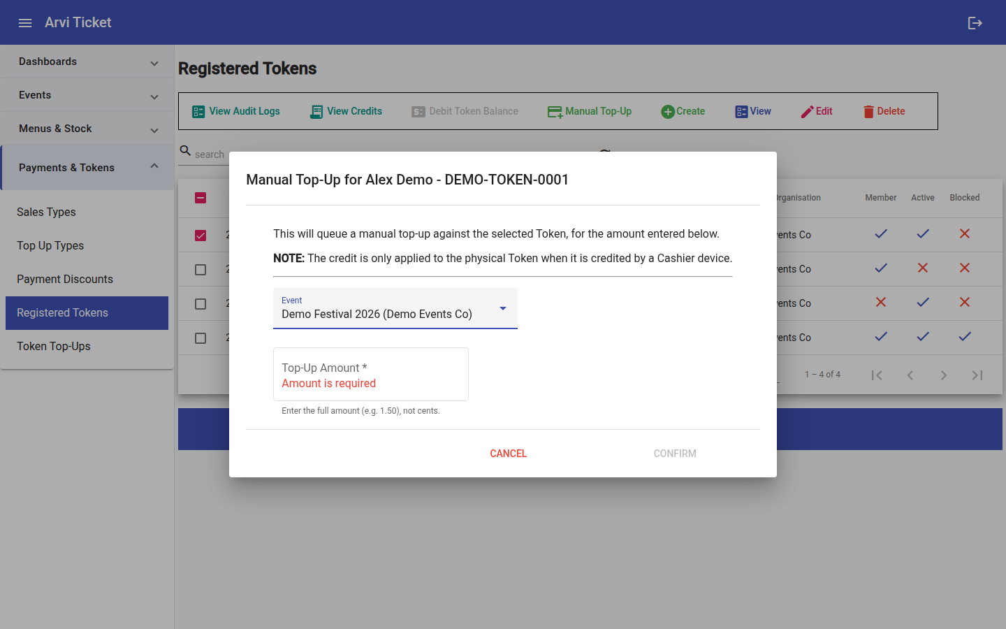 Manual top-up dialog
