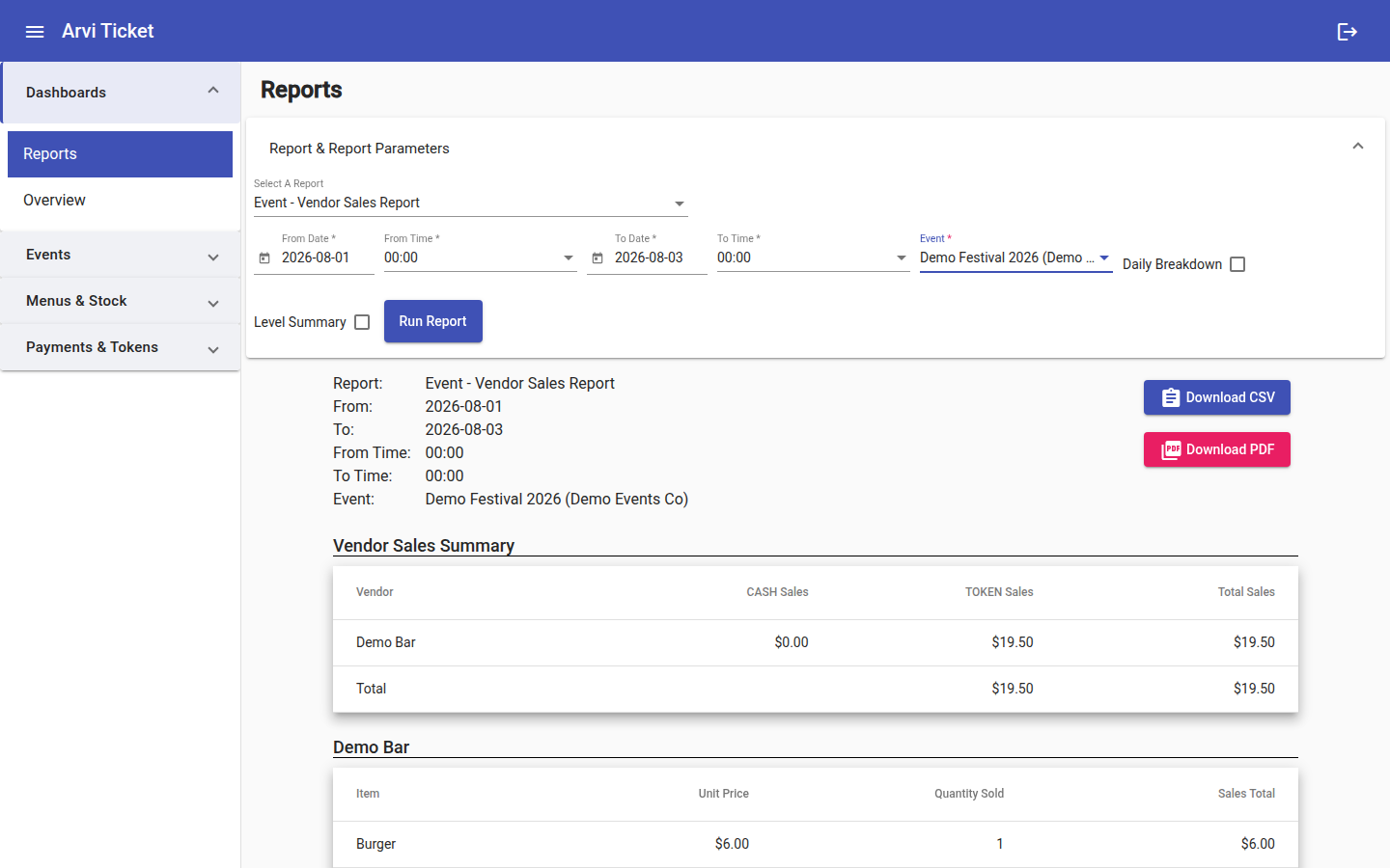 Vendor sales report
